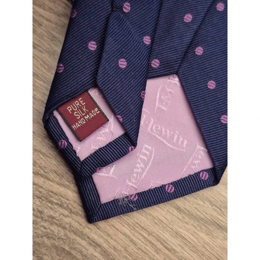 TM Lewin Mens Navy Blue Purple Polka Dot Pure Silk Handmade Necktie Tie